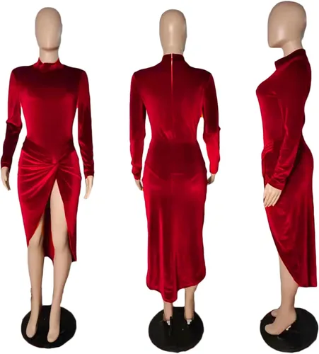 Vista 4 de Conjunto sexy de 2 piezas de terciopelo para mujer, conjunto de vestido midi con abertura fruncida, ropa de discoteca