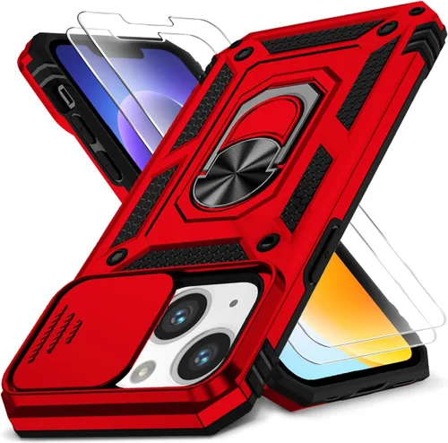 Vista 60 de Funda HakkTaoo para iPhone 13/iPhone 14 de 6.1 Pulgadas con Funda Deslizante para Cámara + Protector de Pantalla (2 Paquetes), Funda Protectora a