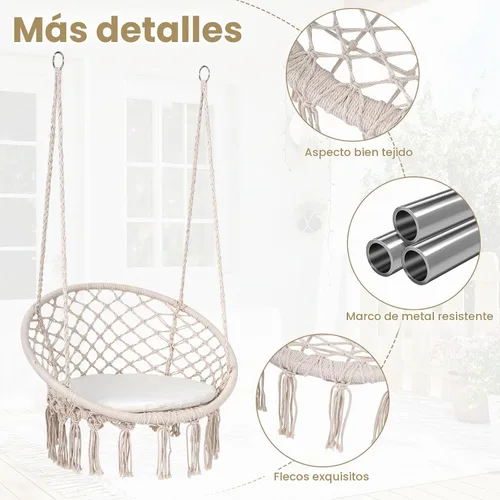 Vista 5 de Happygrill Silla de columpio, hamaca de macramé con cojín de asiento redondo, cuerdas de algodón de poliéster resistentes y anillos de metal Beige