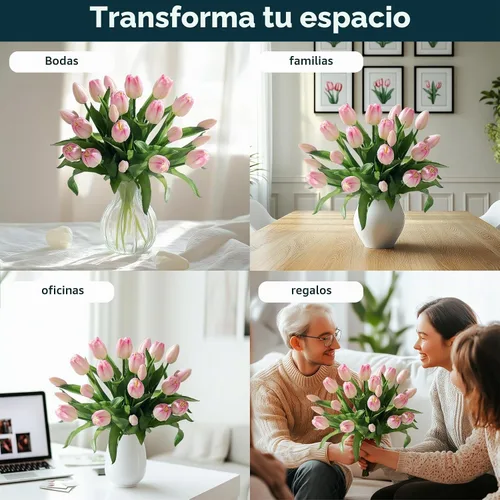 Vista 4 de Bailikang 20 piezas de tulipanes artificiales, flores de seda de tulipanes falsos, ramo artificial de PU, flores artificiales de imitación con caja