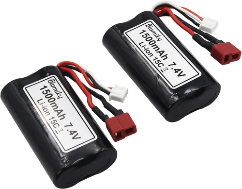 Vista 7 de Blomiky Paquete de 2 baterías recargables de iones de litio de 7.4V 1500mAh 15C con conector de enchufe T y cable USB para camión RC de alta