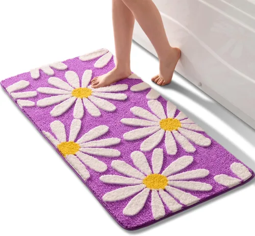 Vista 14 de QJHOMO Alfombra de baño beige con diseño de margaritas, decoración de flores blancas y amarillas, alfombra antideslizante de microfibra, súper