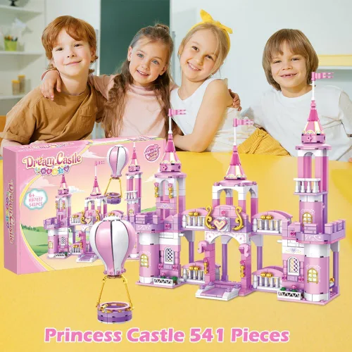 Vista 6 de Juguetes de bloques de construcción de castillo de princesa para niñas, 541 piezas, castillo multiforma, globo aerostático, juguetes para niñas