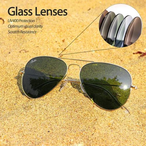 Vista 2 de Berikin Gafas de sol clásicas estilo aviador para hombres y mujeres, 100% protección UV400, 2.441in, lentes de cristal verde, marco de metal dorado