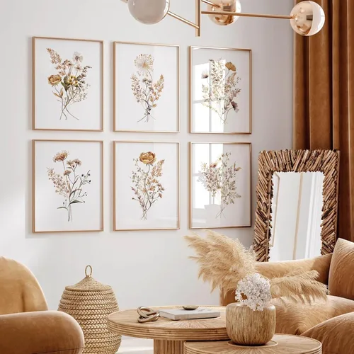 Vista 3 de Juego de 6 arte de pared de flores de acuarela con diseño botánico de flores silvestres, arte de pared en lienzo neutro bohemio, impresiones