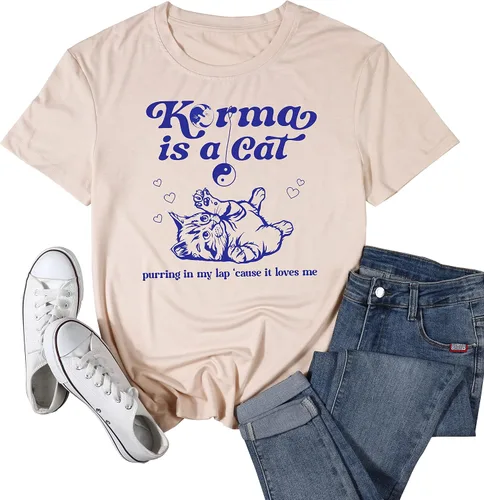 Vista 6 de SFHFY Karma is Cat Camisas para mujer, camisa para amantes de los gatos, letras vintage, concierto, verano, fanáticos de la música country, camiseta