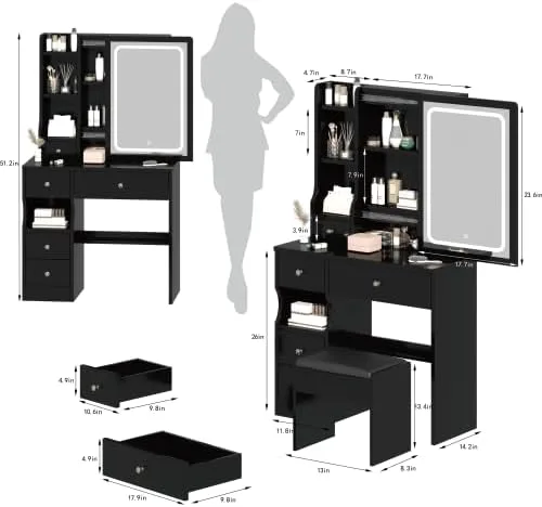 Vista 3 de Escritorio de maquillaje con espejo abatible y taburete, moderno juego de mesa de maquillaje, 2 potencias de CA y 2 puertos USB, juego de tocador