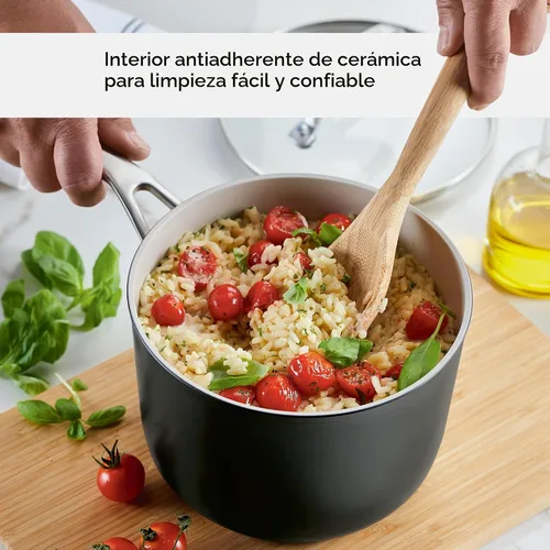 Vista 3 de KitchenAid Sartén antiadherente de cerámica anodizada dura con tapa, 3 cuartos de galón, color negro mate