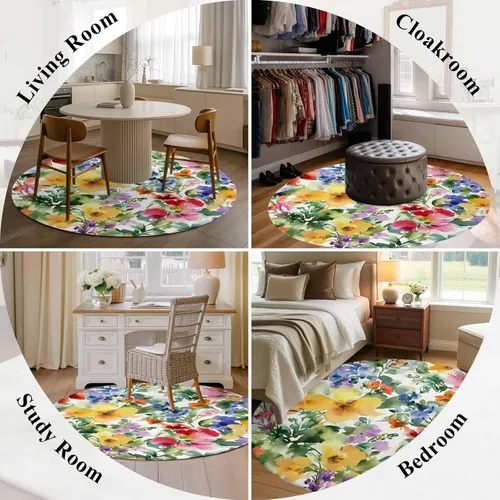 Vista 7 de Round Rugs 3 Feet, Green Yellow Floral Non Slip Area Rugs for Living Room, Bedroom, Barhroom, Entryway, Purple Blue Watercolor Retro Leaf Soft
