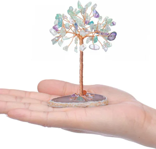 Vista 3 de Adorno de escritorio tejido hecho a mano del árbol de la vida, grava de cristal sintético, decoración del hogar, oficina, pequeñas manualidades