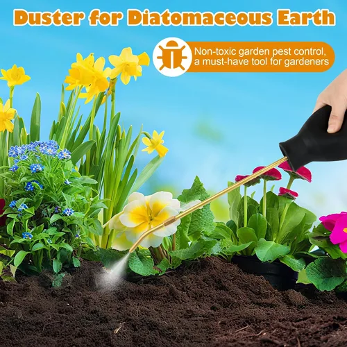 Vista 6 de Plumero para tierra de diatomeas, pulverizador de polvo de mano para jardín, dispensador de bulbos, plumero de insectos con tubo de metal