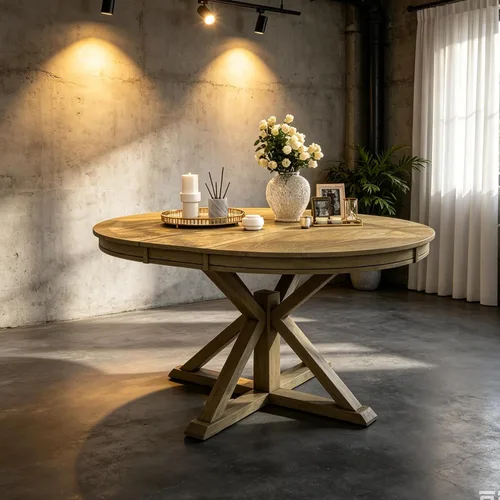 Vista 22 de JUSTONE Mesa de comedor redonda de 47.2'' para 4 personas, mesa de cocina moderna de madera con diseño de rejilla circular base de pedestal, mesa