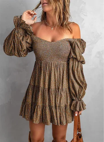 Vista 8 de Dokotoo Vestido de otoño 2024 para mujer, elegante, hombros descubiertos, cuello en V, manga larga, volantes, mini vestidos cortos para patinadora