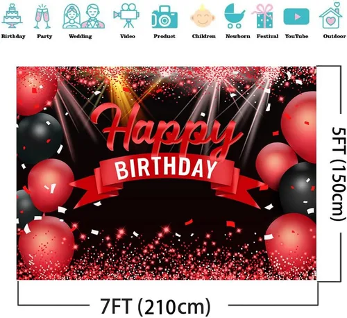 Vista 2 de AIIKES Telón de fondo de feliz cumpleaños de 7 x 5 pies con globos rojos con purpurina para niñas y mujeres, decoración de fiesta de fotografía