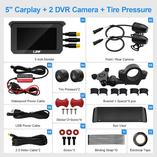 Vista 7 de LBW Carplay de motocicleta de 5 pulgadas con Dash Cam y TPS, Android Auto, cámara frontal y trasera HD 1080P (chip IMX307), sensor G, pantalla