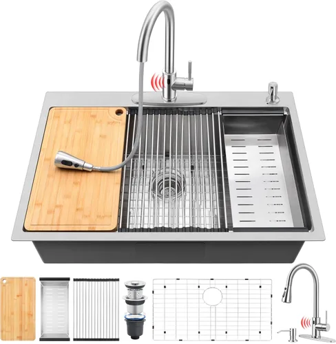Vista 11 de Onader Fregadero de cocina de 25 x 22 pulgadas, acero inoxidable calibre 16 níquel cepillado, fregadero de cocina moderno con accesorios, 10