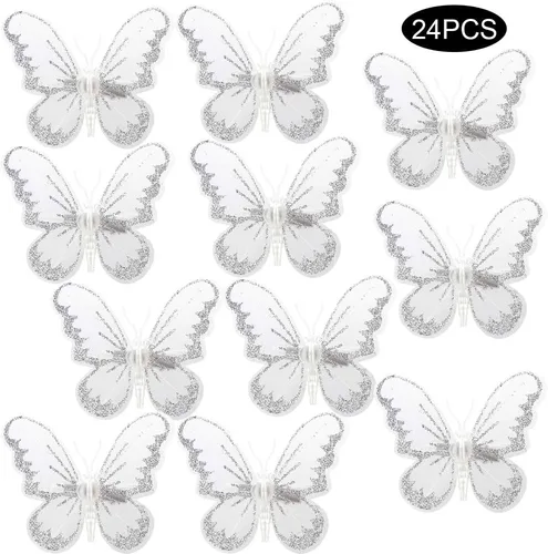 Vista 7 de Firlar Adorno de mariposa con purpurina de Navidad, 24 piezas de clip de mariposa para árbol de Navidad, coronas, fiestas, decoración de boda