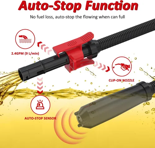 Vista 3 de Bomba de transferencia de combustible Aoteda alimentada por batería con sensor de parada automática, protección contra fugas (2.4 GPM), manguera