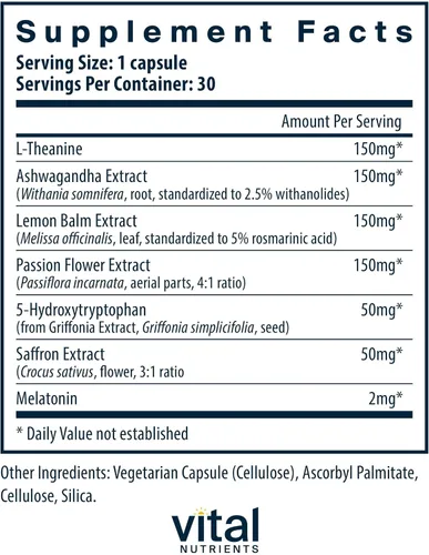 Vista 2 de Vital Nutrients Sleep + Recover - Suplemento vegano - Apoyo para dormir - Melatonina, Ashwagandha y L-teanina - Sin gluten, lácteos y soja - 30
