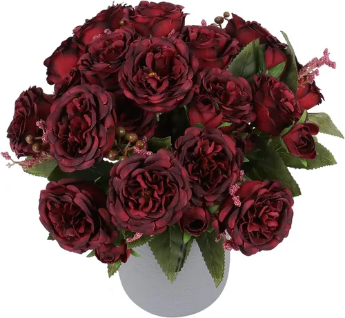 Vista 23 de Flores artificiales de seda, ramo de peonías sintéticas beige, 4 paquetes de arreglos florales para decoración de casa de campo, centro de mesa