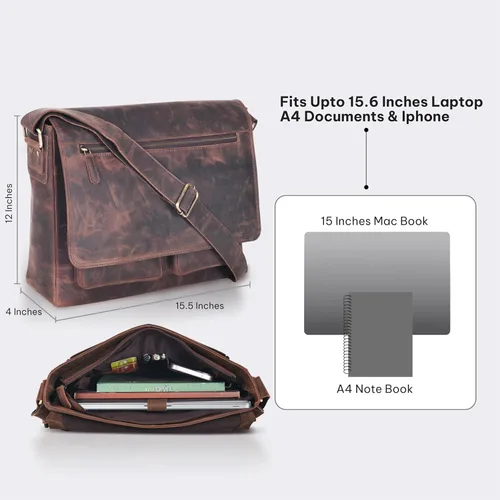 Vista 5 de VALENCHI Bolsa tipo mensajero de cuero de grano completo para laptop de 15.3 pulgadas para hombres y mujeres, compartimento acolchado para laptop