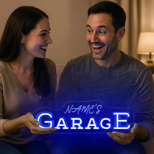 Vista 3 de Letreros de neón personalizados con nombre de garaje para decoración de pared con control remoto de temporizador, luz de neón LED de garaje