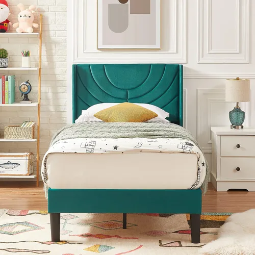 Vista 4 de VECELO Base de cama tapizada de tamaño individual con cabecera de tela, soporte de listones de madera, no necesita somier, base de colchón, fácil