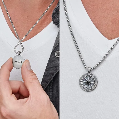 Vista 8 de MYKA - Collar con dije de brújula grabado personalizado para hombre en plata de ley 925, regalo de verano personalizado para hombres, novio, marido