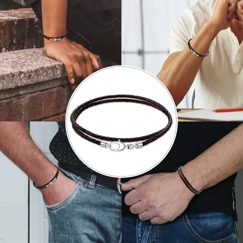 Vista 3 de Pulsera de cuero trenzado italiano genuino de doble envoltura para hombres y mujeres pulsera de cuero negro o marrón de 0118in cierre de plata