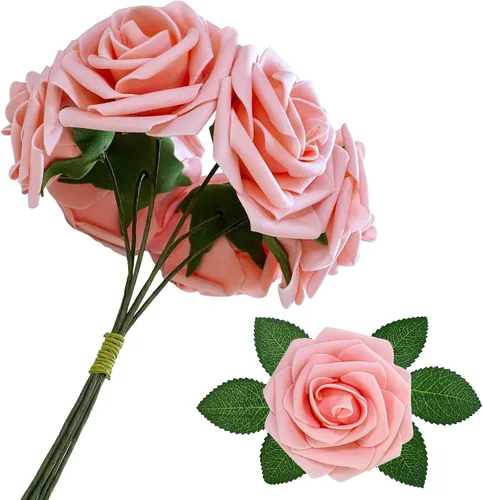 Vista 3 de Winlyn 50 rosas rosas rosas de tacto real con tallos y hojas de seda, flores artificiales a granel para bodas, centros de mesa, arreglos florales