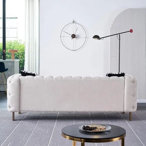 Vista 7 de Sofá moderno para sala de estar, sofá tapizado de lino de 84 pulgadas con botones copetudos, 2 almohadas y patas de metal, muebles decorativos