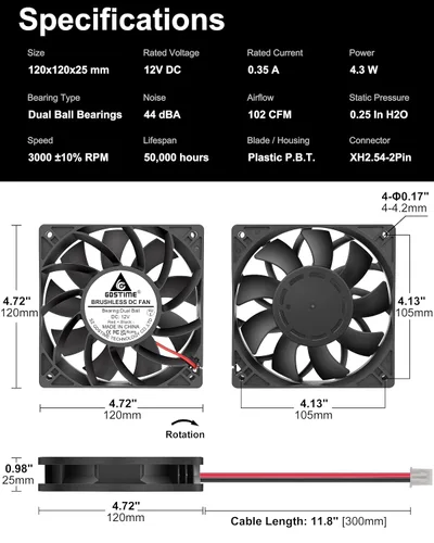 Vista 4 de GDSTIME Ventilador de caja de 4.724 in, alta presión de aire de 4.724 in x 0.984 in, 12 V CC, ventilador de enfriamiento sin escobillas 2 pines