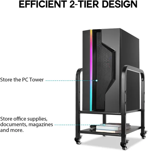 Vista 5 de Soporte de torre para computadora, soporte de piso de PC de altura ajustable de 2 niveles para torre pequeña/media, carrito de metal completo