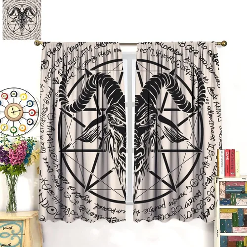 Vista 6 de BAEKJIN Cortinas de cabeza de cabra, diseño de calavera malvada, bruja, símbolo misterioso, bolsillo para barra, cortinas opacas para ventana, juego