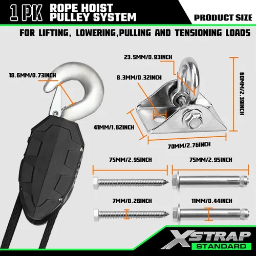 Vista 2 de XSTRAP STANDARD - Polipasto de cuerda de 50 pies, resistente bloque de rueda de rotura de 2000 libras Tackle Pulley System for Lifting Heavy