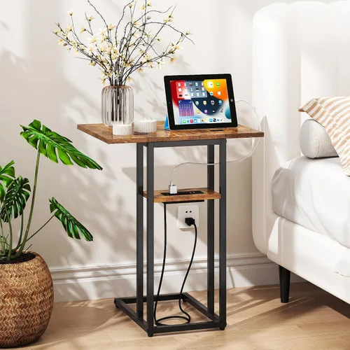 Vista 5 de karlott Mesa auxiliar plegable resistente con patas de carga de una pieza, sin montaje, mesa auxiliar en forma de C con estación de carga, mesa