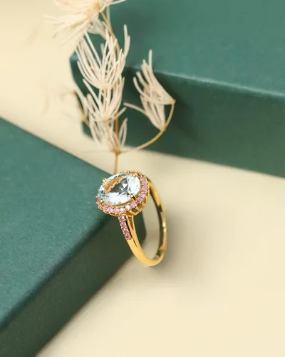 Vista 4 de YoTreasure Anillo de compromiso de oro amarillo de 10 quilates con zafiro rosa aguamarina de 2.51 quilates, Metal Metal Piedra preciosa, aguamarina