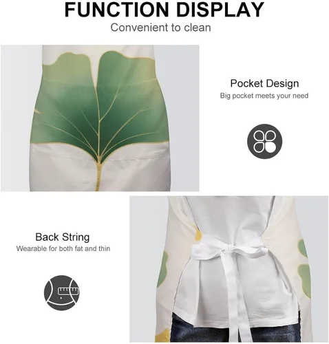 Vista 6 de MUSM Apron for Adults - 27.6 X 31.5 Inch, Heavy-Duty Polyester Aprons with Two Large Pockets, Waterproof Green Ginkgo Leaves Kitchen Apron for
