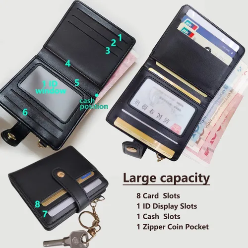 Vista 3 de Cartera pequeña para mujer, con bloqueo RFID, de cuero, plegable, compacta, tarjetero para mujer, con bolsillo con cremallera y ventana de Negro