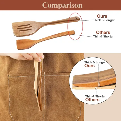 Vista 13 de Utensilios de cocina de madera, 6 piezas de cucharas de madera de acacia natural para cocinar con diseño antiadherente y resistente al calor, juego