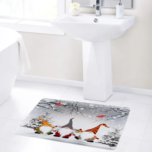 Vista 6 de HVEST Alfombra de baño de invierno, gnomos y cardenales en bosque nevado, alfombra de baño, alfombra de baño antideslizante de Navidad, accesorios
