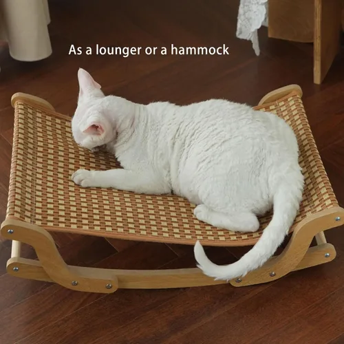 Vista 3 de Hamaca elevada para gatos, catre elevado transpirable para mascotas con cojín extraíble lavable, marco de madera y alfombrilla de ratán