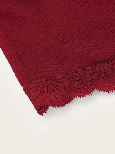 Vista 4 de MakeMeChic Camiseta corta sin mangas con cuello en V y ribete de encaje Y2K para mujer