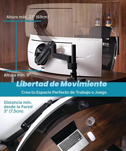 Vista 3 de ULTRARM Brazo de monitor de servicio pesado para monitores ultraanchos de hasta 57" y 44 libras, soporte de escritorio individual, altura ajustable