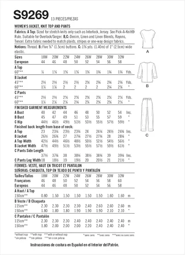 Vista 2 de Kit de patrón de costura para mujer, camiseta de punto y pantalones sin botones, código 9269