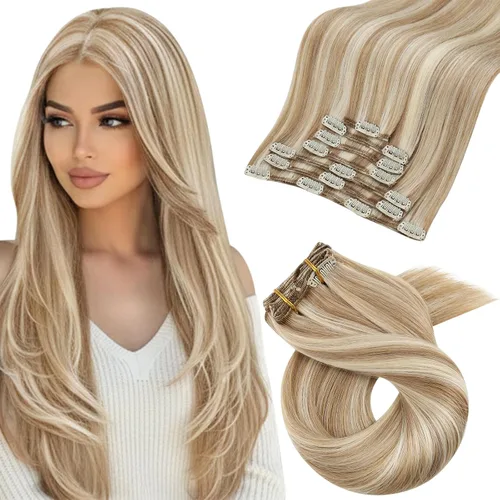 Vista 20 de Moresoo Extensiones de cabello humano con clip, balayage, color marrón oscuro a marrón dorado con clip, extensiones de cabello humano con clip, 5
