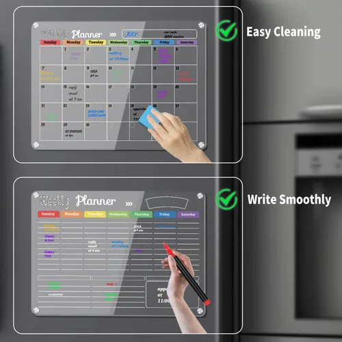 Vista 4 de Hivillexun Juego de 3 pizarras magnéticas de borrado en seco de acrílico – Organiza tu refrigerador, pared o frigorífico con planificadores