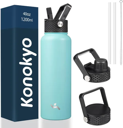 Vista 119 de Konokyo - Botella de agua aislada de 18 onzas, botellas deportivas de acero inoxidable con 3 tapas, verde militar