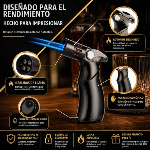 Vista 4 de Kit para ahumar whisky Kit para ahumar cócteles con antorcha, protector térmico, tapa, 6 astillas de madera y caja de regalo para cócteles a