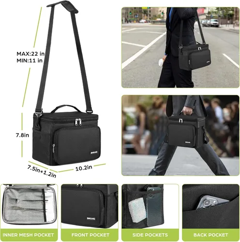 Vista 3 de Lonchera térmica reutilizable para hombres y mujeres, lonchera a prueba de fugas con correa ajustable para el hombro (negro)